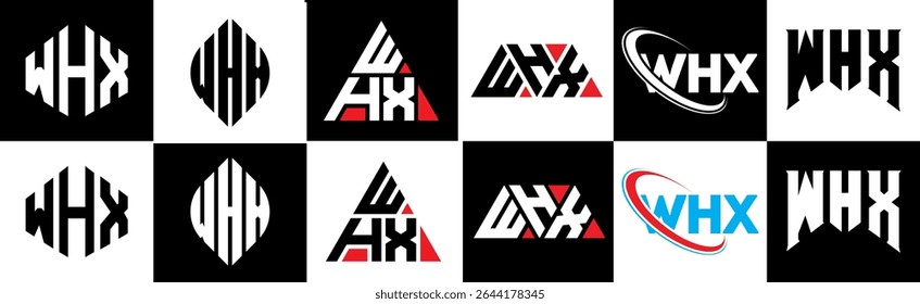 WHX letter logo design in six style. WHX polygon, circle, triangle, hexagon, flat and simple style with black and white color variation letter logo set in one artboard. WHX minimalist and classic logo