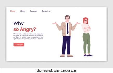 Why so angry landing page vector template. Couple misunderstanding website interface idea with flat illustrations. Family miff homepage layout. Relationship crisis web banner, webpage cartoon concept