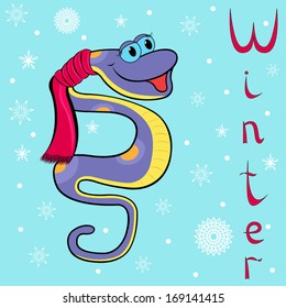 Why Boa is so cold in winter? Cheerful Boa Constrictor wrapped in a scarf on neck on the background of a winter motif. Hand drawing cartoon vector illustration