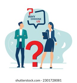 Why choose us? flat questions concept illustration.