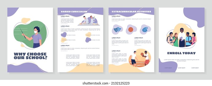 Why choose our school flat vector brochure template. Booklet, leaflet printable flat color designs. Simple magazine page, reports kit with text space. Sigmar One, Balsamiq Sans, Comfortaa fonts used