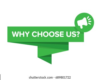 Why choose us vector. Speech bubble and megaphone icon. Flat illustration isolated on white.