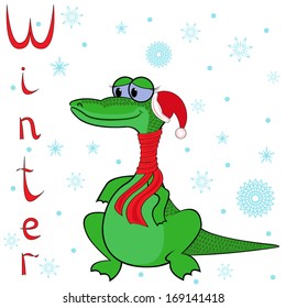 Why Crocodile is so cold in winter? Cheerful Crocodile wrapped in a scarf on neck and in the cap of Santa on the background of a winter motif. Hand drawing cartoon vector illustration