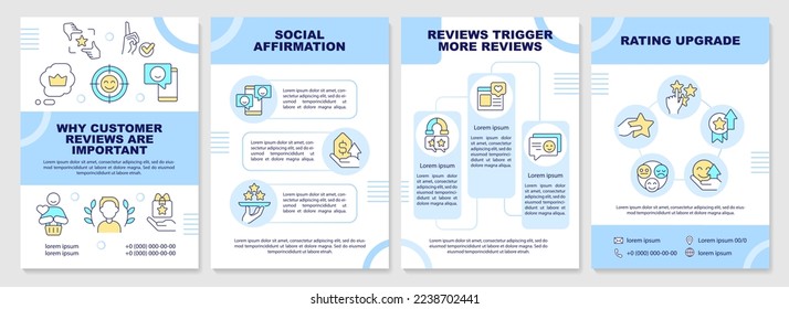 Why customer reviews important blue brochure template. Leaflet design with linear icons. Editable 4 vector layouts for presentation, annual reports. Arial-Black, Myriad Pro-Regular fonts used