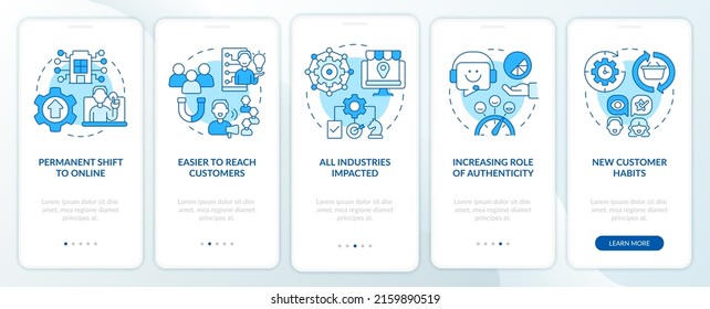 Why digital first mindset is essential blue onboarding mobile app screen. Walkthrough 5 steps graphic instructions pages with linear concepts. UI, UX, GUI template. Myriad Pro-Bold, Regular fonts used