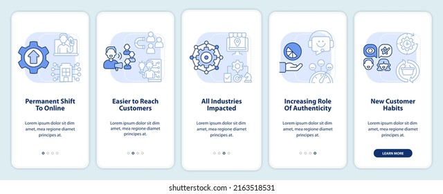 Why digital first mindset is essential light blue onboarding mobile app screen. Walkthrough 5 steps graphic instructions with linear concepts. UI, UX, GUI template. Myriad Pro-Bold, Regular fonts used