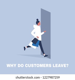 Why do clients leave. Consumer behavior. Marketing. Young female character running away from the store. Business concept. Flat editable vector illustration, clip art