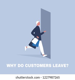 Why do clients leave. Consumer behavior. Marketing. Young male character running away from the store. Business concept. Flat editable vector illustration, clip art