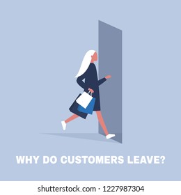 Why do clients leave. Consumer behavior. Marketing. Young female character running away from the store. Business concept. Flat editable vector illustration, clip art