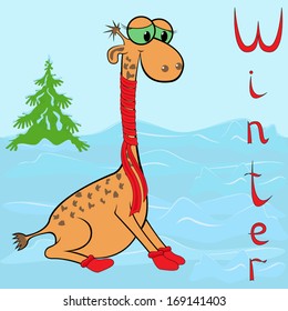 Why Giraffe is so cold in winter? Cheerful Giraffe wrapped in a scarf on neck on the background of a winter landscape. Hand drawing cartoon vector illustration