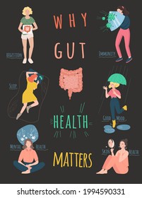 Why Gut Health Matters. Vertical Poster. Medical Infographic. Digestion Is Important For Women. Stomach Function. Vector Illustration With Characters In Modern Style. Healthcare, Scientific Concept