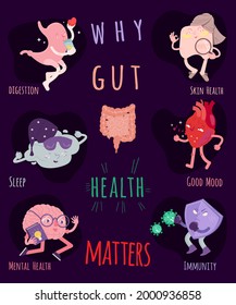 Why gut health matters. Vertical poster. Medical infographic. Digestion is important for body. Stomach function. Vector illustration with characters in modern style. Healthcare, scientific concept