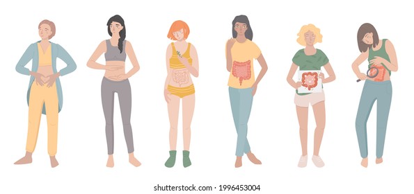 ¿Por qué importa la salud intestinal? Su estado de ánimo y digestión son importantes. Personajes femeninos. Mujeres jóvenes. Función Stomach. Ilustración vectorial editable en estilo moderno. Salud y concepto científico