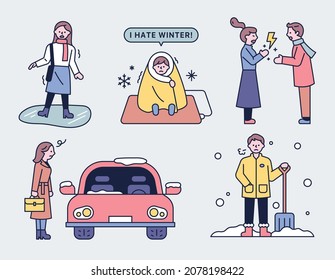 Why I hate winter. The characters are explaining the shortcomings of winter.  flat design style vector illustration.