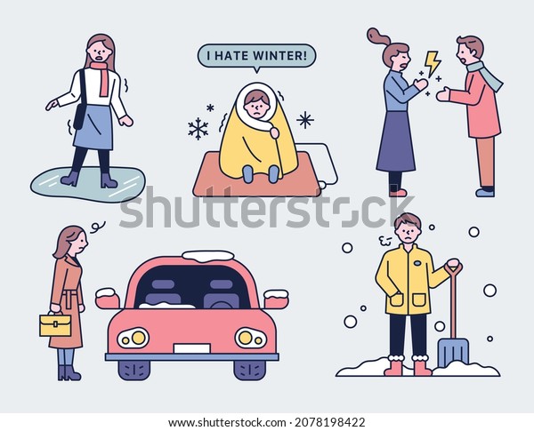 Why I\
hate winter. The characters are explaining the shortcomings of\
winter.  flat design style vector\
illustration.