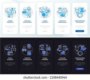 Why to learn to code night and day mode onboarding mobile app screen. Program walkthrough 5 steps graphic instructions pages with concepts. UI, UX, GUI template. Myriad Pro-Bold, Regular fonts used