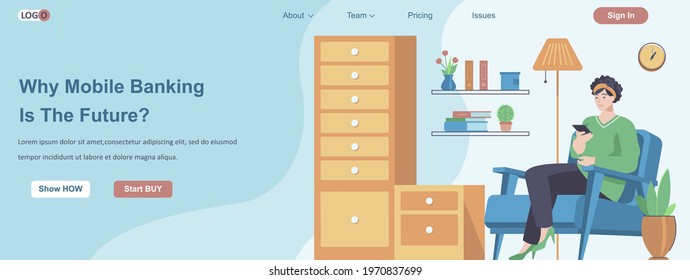 Why Mobile Banking Is The Future web banner concept. Woman makes financial transactions, pays online with smartphone landing page template. Vector illustration with people characters in flat design