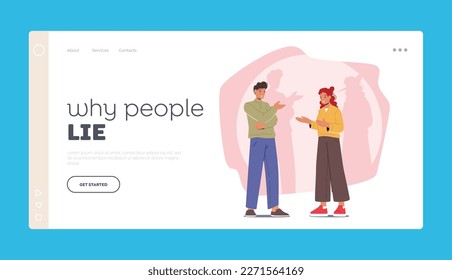 Why People Lie Landing Page Template. Male and Female Characters Communicating With One Of Them Being A Liar with Shade Of Pinocchio On Wall. Deceitful Behavior, Hypocrisy. Cartoon Vector Illustration