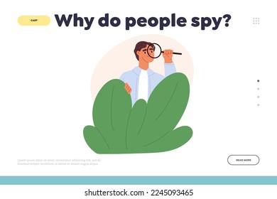 Why people spy concept of landing page with young man observing, sneaking. Guy with magnifying glass peeping, hide behind shrubs, look through magnifier. Flat vector illustration