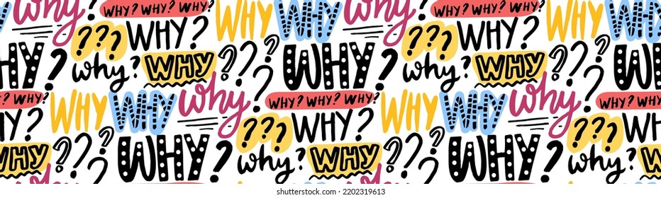 Why Question Seamless Pattern. Lot Of Words, Different Lettering Styles, Newspaper Vector Texture. Colorful Background Banner