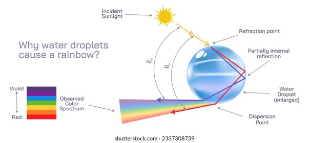 ¿Por qué se crea el arcoiris en el cielo? Ilustración vectorial del agua y del espectro colorido. cómo el agua refleja y refracta el espectro en la imagen de la luz solar. Razón detrás del arcoiris en el cielo. 