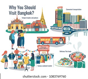 Why should visit bangkok  doodle infographic with temple, palace, transportation, weekend market, and thai foods, all on white background, illustration, vector