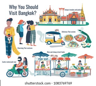 Why should visit Bangkok  doodle infographic with temple, palace, tuk tuk, thai cuisine, street food, and thai costume, all on white background, illustration, vector