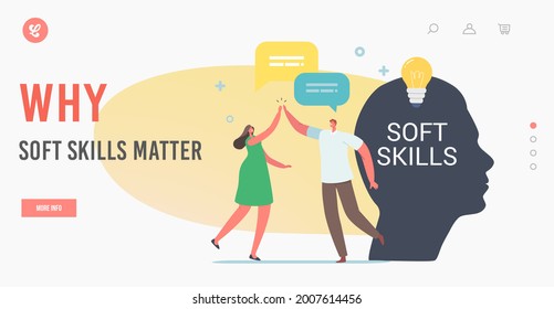 Why Soft Skills Matter Landing Page Template. Tiny Colleagues Characters Give Five at Huge Human Head. Office Workers Empathy, Work Communication and Partnership. Cartoon People Vector Illustration
