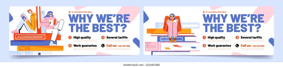 Why we are best banner. Advertising poster of business company with information for customers. Book store, club or library advertisement with people read books, vector flat illustration