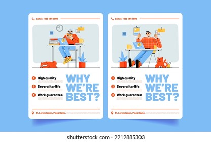 Why We Are Best Banner With Happy People Sitting At Desk With Laptop. Advertising Poster Of Online Service, Business Company, Remote Work, Vector Flat Illustration