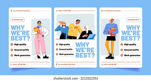 Why we are the best banners, business people team working in office, women holding folders in hands. Company or brand advantages, guarantees and tariffs for clients choice, Linear vector illustration