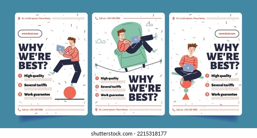 Why we are the best banners, freelancer man balancing with laptop in hands. Home office and freelance distant work advantages, guarantees and tariffs for clients choice, Linear vector illustration