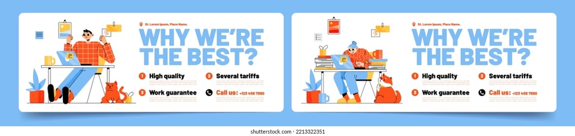 Why we are the best banners with people working in home office. Business introductory cards, work posters with discribing company advantages and guarantees for clients, Linear vector illustration