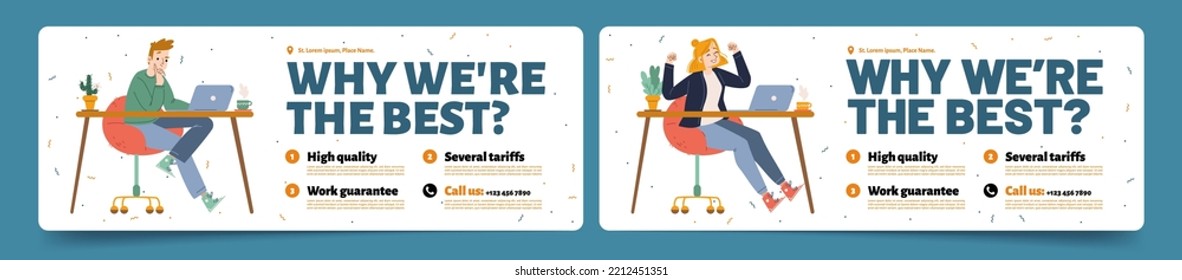 Why We Are Best, Promotion Banner Of Freelance, Home Office, Online Service. Advertising Poster With Happy Woman And Thinking Man At Desk With Laptop, Vector Flat Illustration