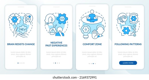 Why we resist change blue onboarding mobile app screen. Inflexibility walkthrough 4 steps editable graphic instructions with linear concepts. UI, UX, GUI template. Myriad Pro-Bold, Regular fonts used