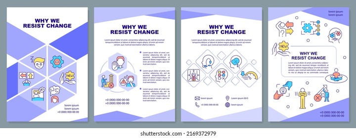 Why we resist change purple brochure template. Nonconformism. Leaflet design with linear icons. Editable 4 vector layouts for presentation, annual reports. Arial-Black, Myriad Pro-Regular fonts used