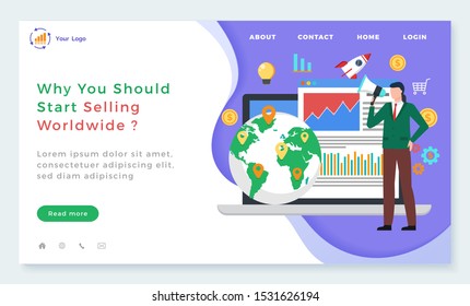 Why you should selling worldwide, man with megaphone, globe with location, graph report. Communication with laptop, international partnership vector. Website or webpage template, landing page