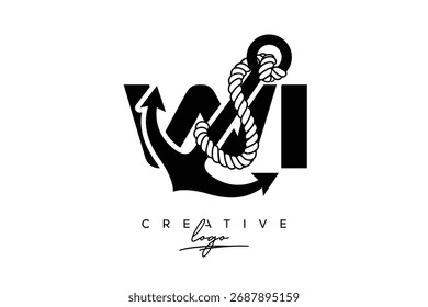 WI Creative Monogram Latter Logo con diseño de ancla y cuerda Diseño de logotipo minimalista