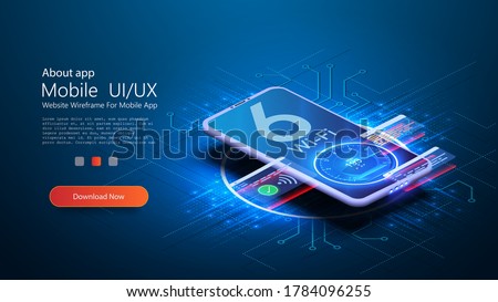 The Wi Fi 6 logo on smartphone is blurred on a futuristic blue background. The smartphone connects to the new high-speed wifi network 6. Smartphone with 3D isometry. High Internet speed, speed test