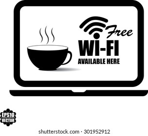 Wi fi available here sign and symbol with a cup of coffee on monitor. Vector illustration