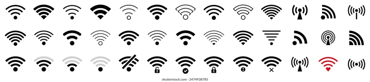 Wi Fi big icon set. Wireless and wifi icons. Wi-Fi button. remote internet access, internet connection, signal icon, variations podcast, Wi-Fi connectivity. Vector illustration.