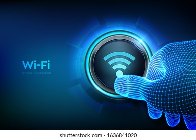 Wi Fi button. Wireless network connection concept. Closeup finger about to press a button. Using free wifi hotspot interface. Wi-fi zone. Just push the button. Vector illustration.