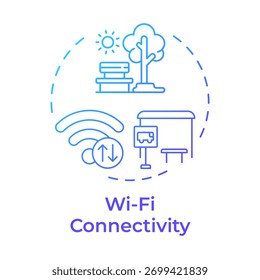 Ícone de conceito de gradiente azul de conectividade Wi-Fi. Acesso à Internet em público. Infraestrutura e serviços urbanos inteligentes. Ilustração de linha de forma redonda. Ideia abstrata. Design gráfico. Fácil de usar no livreto