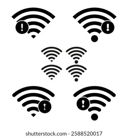 Wi Fi error icon. Wireless connection issue. Network signal warning. Vector internet problem.