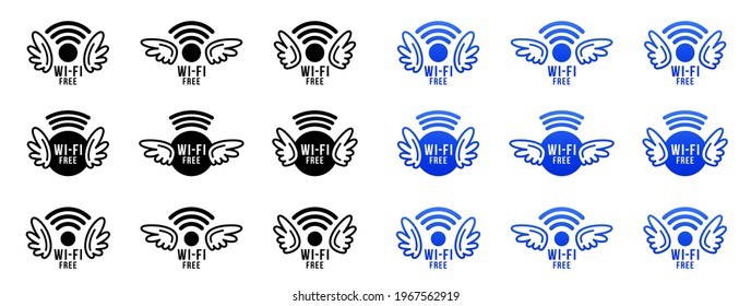 Hay conexión Wi-Fi gratuita. Juego de iconos de concepto de red inalámbrica gratuitos. Señal Wi-Fi con alas - símbolo de red inalámbrica pública gratuita. Elementos vectores.