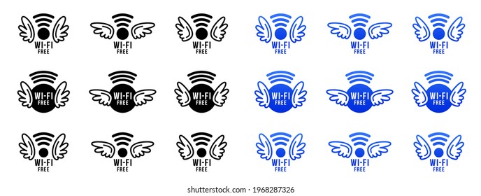 WLAN gratis. Icons für das Wireless-Netzwerk sind kostenlos. Wi-Fi-Signal mit Flügeln - ein Symbol für ein freies öffentliches drahtloses Netzwerk. Vektorelemente.