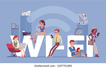 Wi fi giant letters and people. Group of happy diverse men enjoy free area for computers, smartphones, devices connection to the Internet, communicate with one another wirelessly. Vector illustration