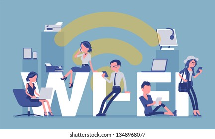 Wi fi giant letters and people. Group of happy men enjoy free area for computers, smartphones, devices connection to Internet, communicate wirelessly. Vector illustration, faceless characters