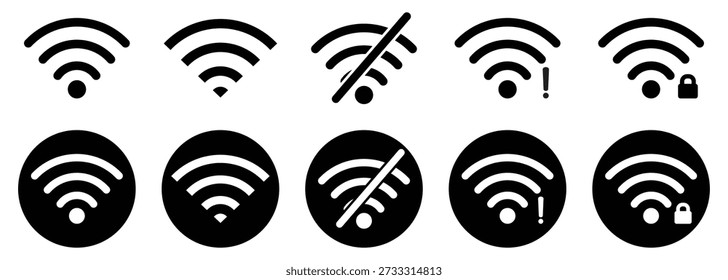 Wi Fi icon and no Wi Fi icon vector set. Different levels of Wi Fi signal icon set. On and off Wi Fi internet icon. Vector illustration.
