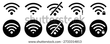 Wi Fi icon and no Wi Fi icon vector set. Different levels of Wi Fi signal icon set. On and off Wi Fi internet icon. Vector illustration.